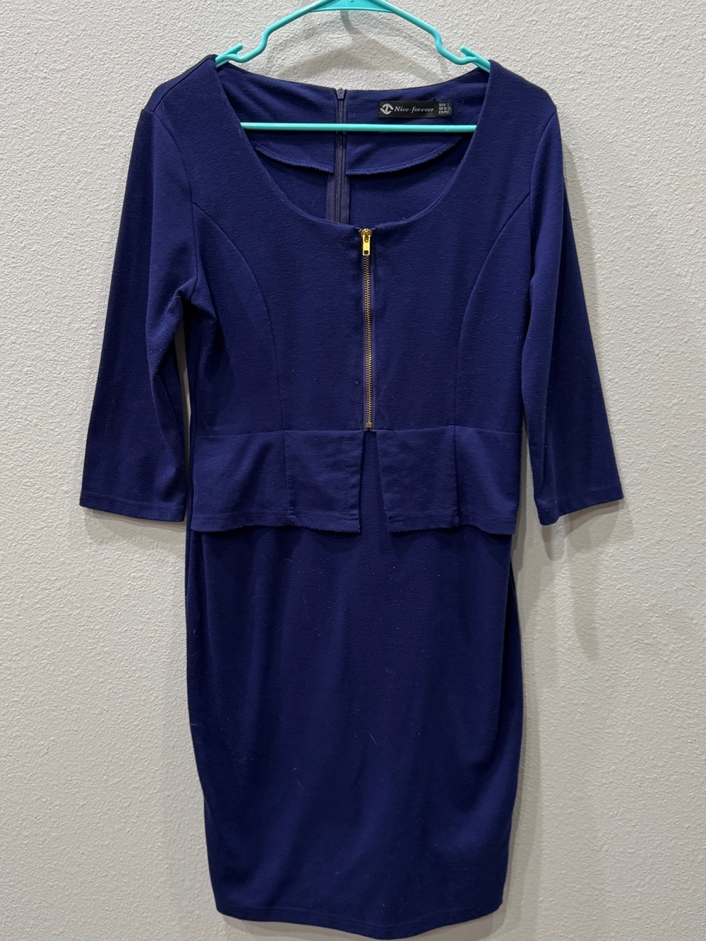 Navy Long Sleeve Peplum Dress with Gold Zipper